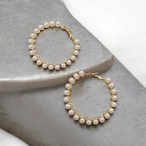 Gold Plated Faux Pearl Large Size Hoop Earrings - Picture 2 of 3